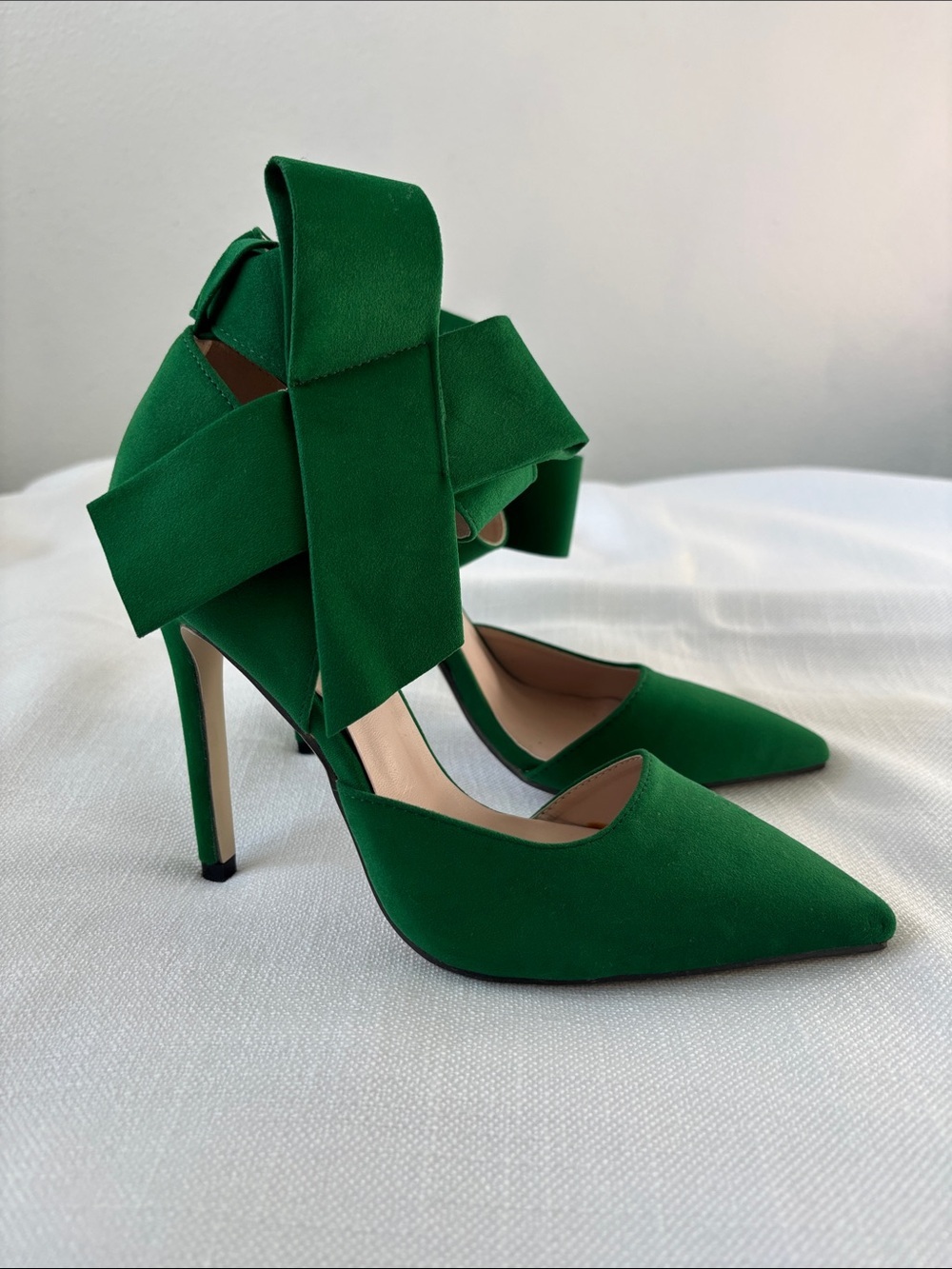 Emerald Green Pointed-Toe Bow Ankle Wrap Stiletto Heels